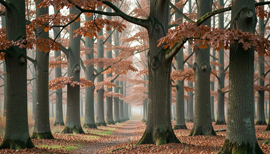 Futaie de grands chênes droits en automne